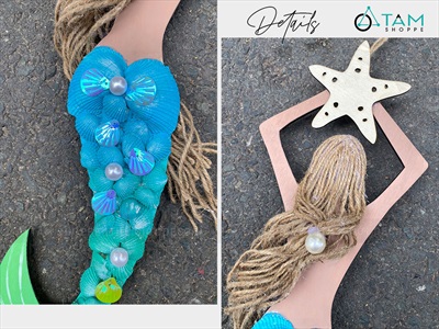 Mô hình Nàng tiên cá Handmade vỏ sò ốc [Bằng gỗ - 3 màu] KT53x14cm MOHINH-PCB-02